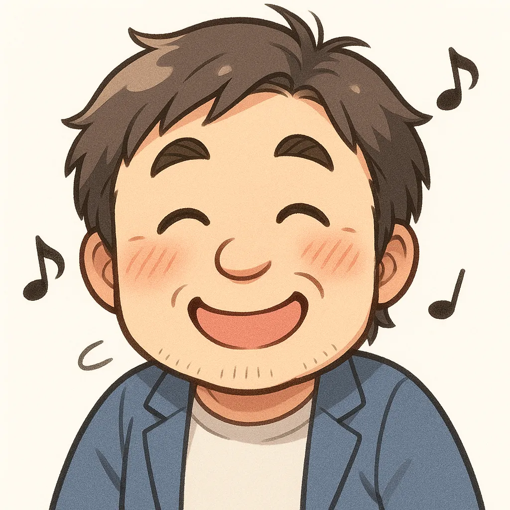 るんるんおじさん（顔文字：(o´∀｀o)）｜音符が浮かぶ中、嬉しそうにほほ笑む表情が「るんるん」気分を伝えます。落ち着いた配色と柔らかな線が、日常のちょっとした幸せを表現する優しい一枚です。参考：(o´∀｀o)