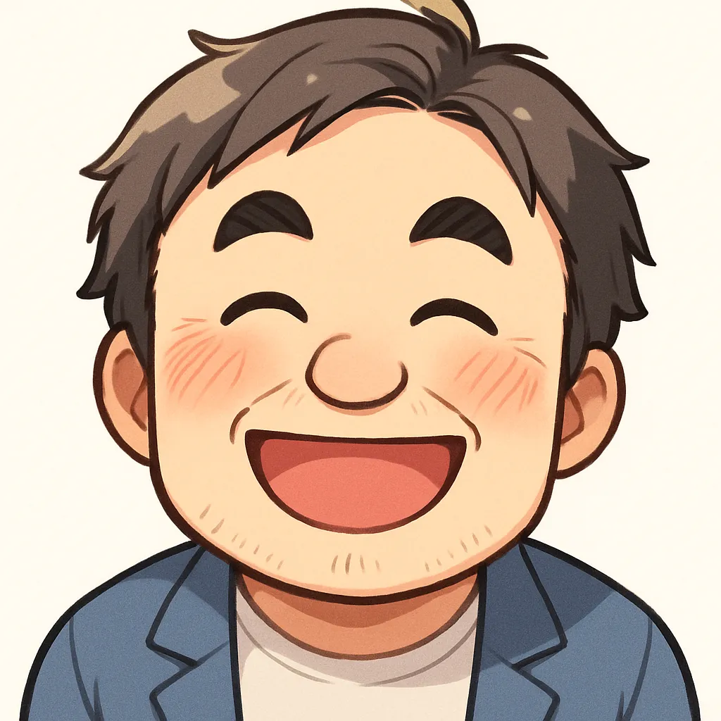 笑顔おじさん（顔文字：(＾▽＾)）｜しわができるほど大きく笑う表情が印象的な「笑顔」のモチーフ。見ているこちらまで思わず笑ってしまうような、明るく親しみやすいキャラクターです。参考：(＾▽＾)