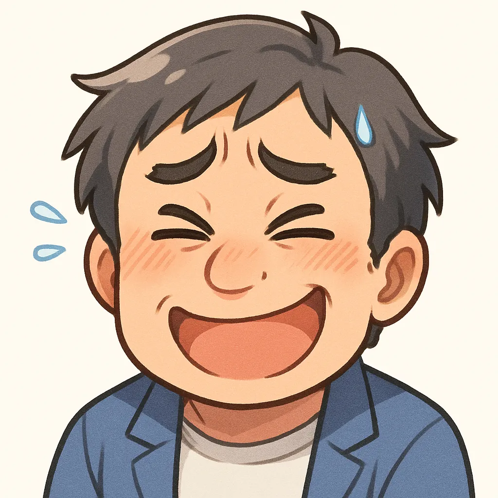 にっこりおじさん（顔文字：(´∀｀；)）｜大笑いしながら汗をかく表情が特徴の「にっこり」モチーフ。照れや困惑を含んだ笑顔が、どこか人間味を感じさせる愛嬌ある表現になっています。参考：(´∀｀；)