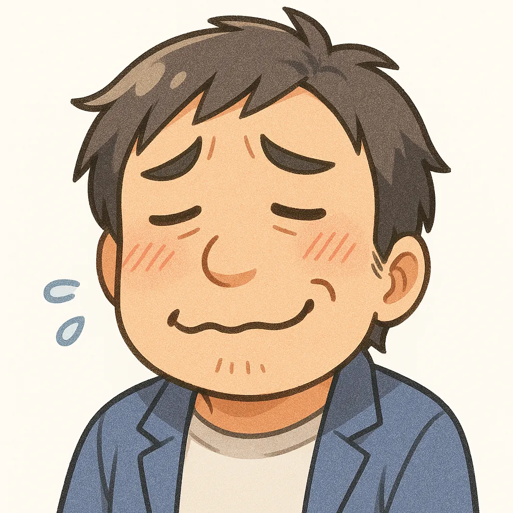 苦笑いおじさん（顔文字：(；´∀｀)）｜やや眉を下げた優しい表情が印象的な「苦笑い」。ちょっと気まずいけど許してね、という感情が伝わる柔らかなタッチのイラストです。参考：(；´∀｀)