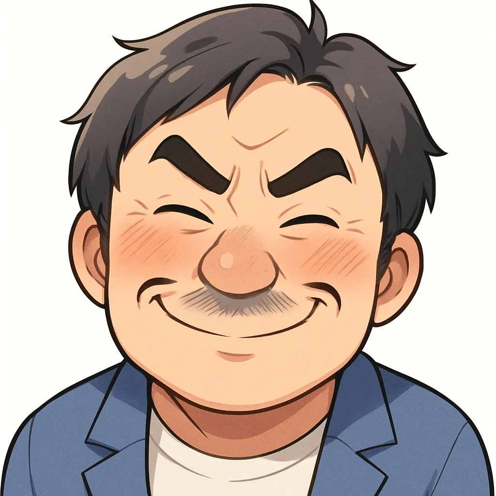 ふふふおじさん（顔文字：(￣ー￣)ﾆﾔﾘ）｜目をつむって静かに笑う「ふふふ」の表情が、大人の余裕を感じさせる演出に。ひげと表情のバランスが絶妙で、落ち着いたユーモアを表しています。参考：(￣ー￣)ﾆﾔﾘ