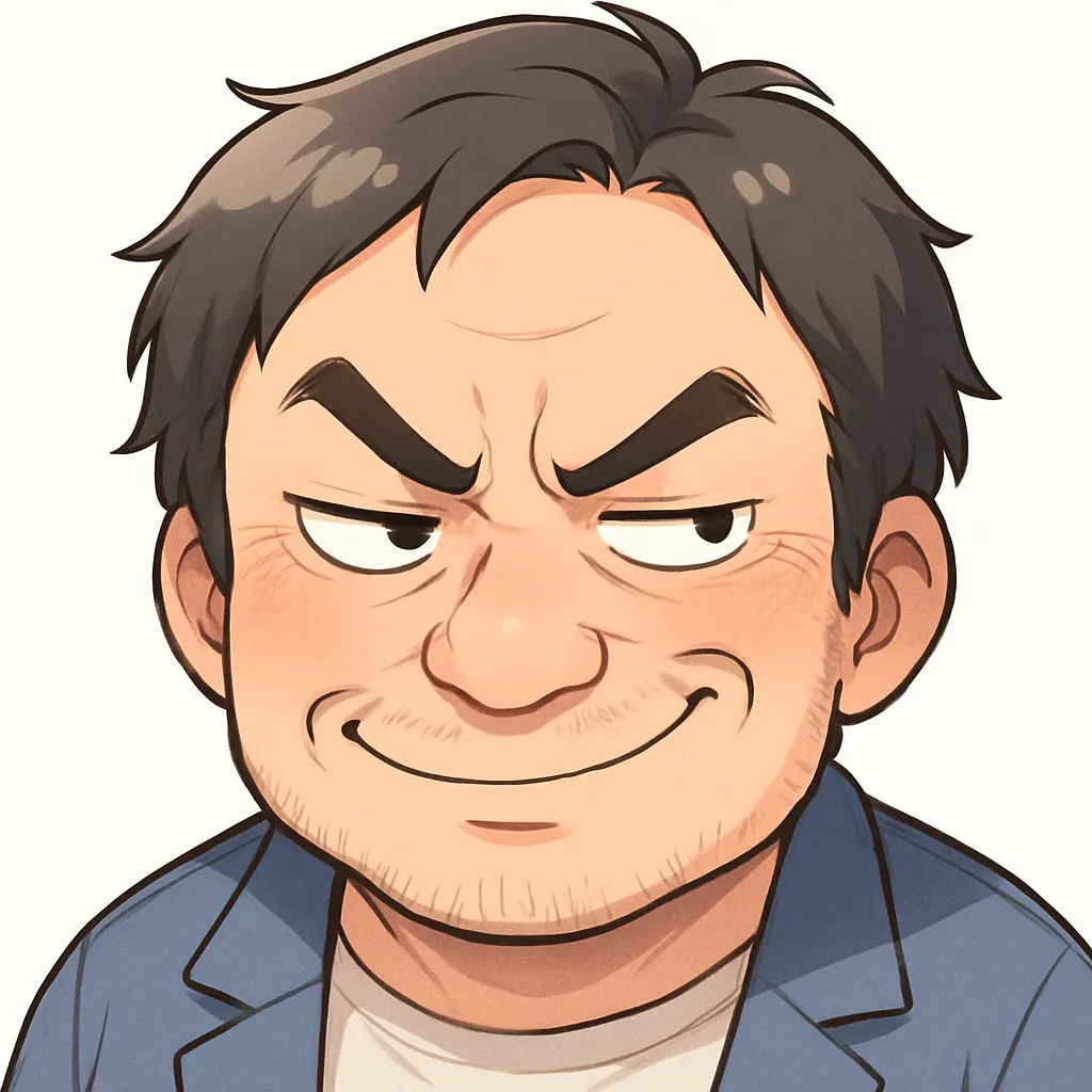 ニヤリおじさん（顔文字：(¬‿¬)）｜ニヤリとした含み笑いを浮かべるニヤリおじさん。ちょっとした企みや冗談の雰囲気を、柔らかな線と表情でポップに演出。参考：(¬‿¬)