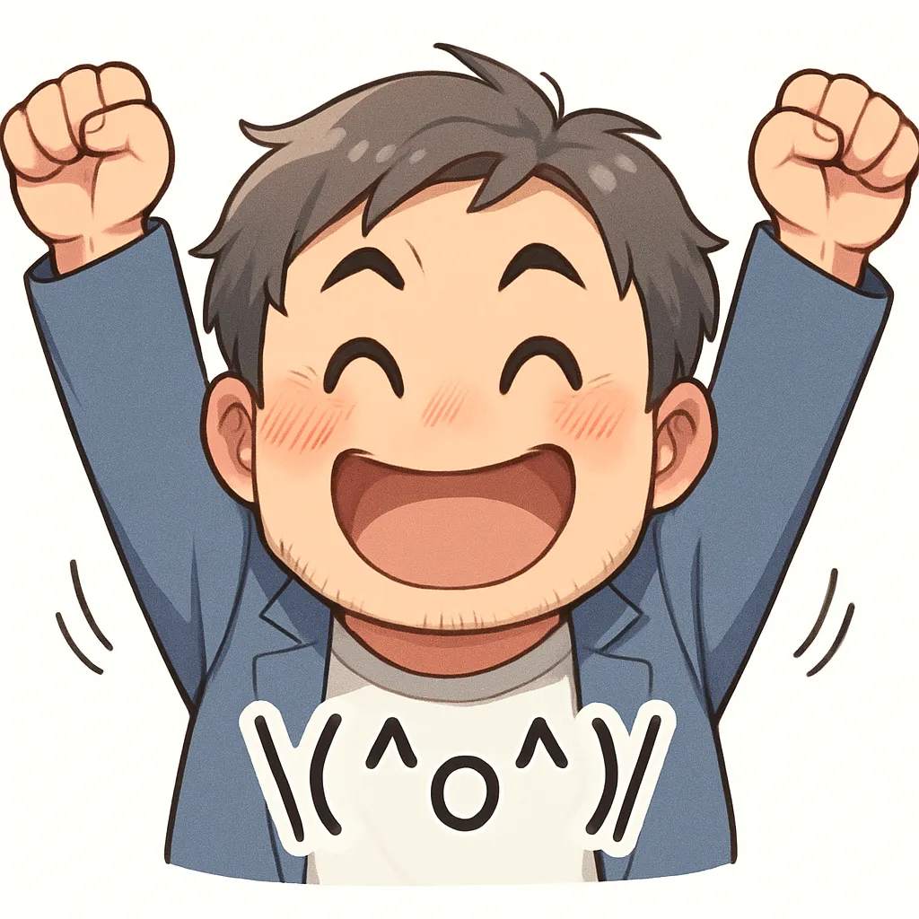わーいおじさん（顔文字：\(＾o＾)/）｜両手を上げてはしゃぐ姿が愛らしいわーいおじさん。元気いっぱいのポーズと笑顔が、明るく楽しい雰囲気を広げる。参考：\(＾o＾)/
