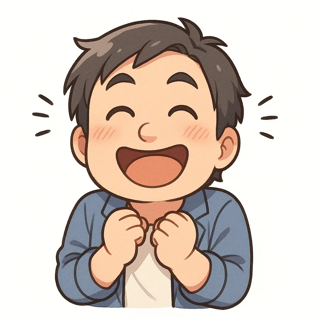 わくわくおじさん（顔文字：(o^▽^o)）｜胸の前で拳を握って笑顔を見せるわくわくおじさん。期待で胸が高鳴るようなかわいらしい仕草が印象的。参考：(o^▽^o)