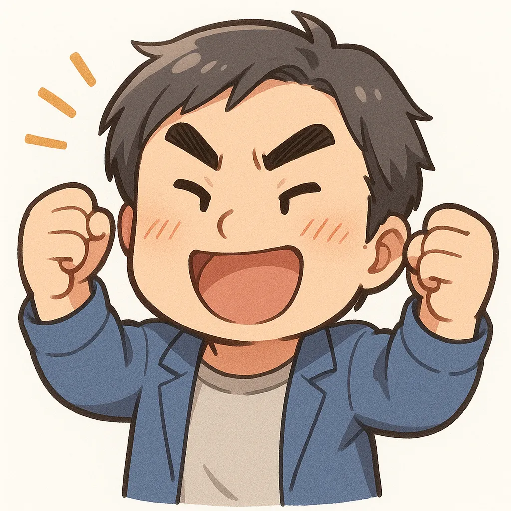 えいえいおーおじさん（顔文字：(๑•̀ㅂ•́)و✧）｜気合いを入れる掛け声にぴったりなえいえいおーおじさん。力こぶを作った表情に元気があふれている。参考：(๑•̀ㅂ•́)و✧