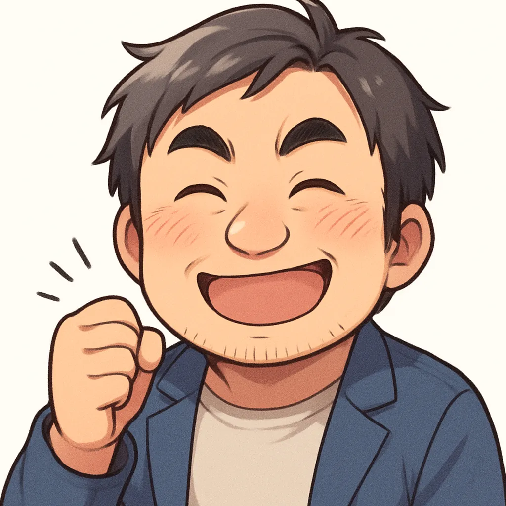 応援おじさん（顔文字：(´∀｀)و）｜ニコニコ笑顔でガッツポーズする応援おじさん。やさしい雰囲気と励ます姿勢が見る人の背中を押してくれる。参考：(´∀｀)و