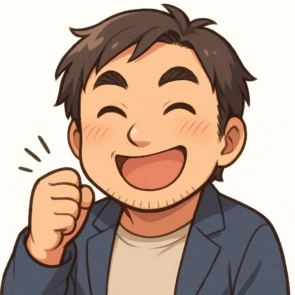ファイトおじさん（顔文字：(o^-')b）｜やる気満々のポーズで前向きにエールを送るファイトおじさん。元気をくれるようなポジティブな笑顔が印象的。参考：(o^-')b