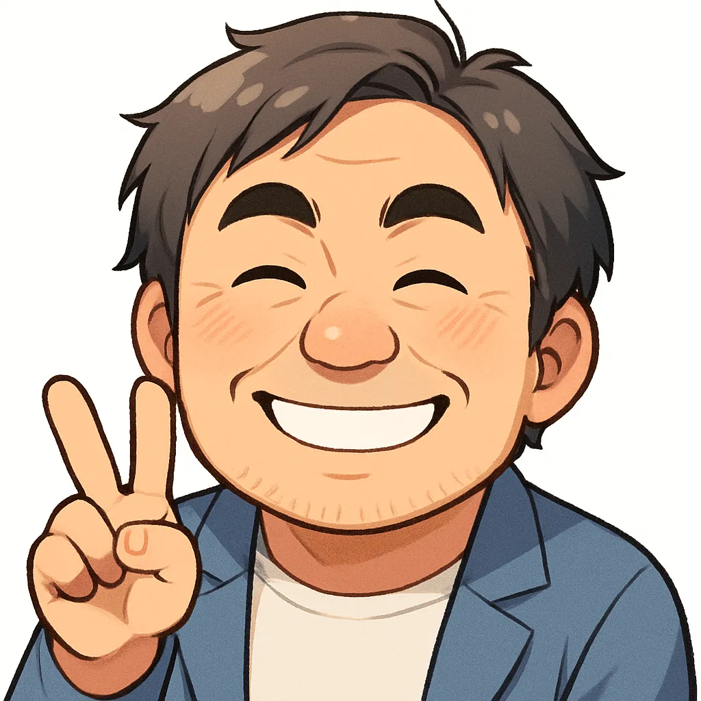 ピースおじさん（顔文字：(*´∀｀)v）｜満面の笑みとピースサインが目を引くピースモチーフ。丸みのある顔とソフトな線で描かれ、やさしく親しみやすい雰囲気を与えてくれます。平和とハッピーな気分を表現した1枚です。参考：(*´∀｀)v