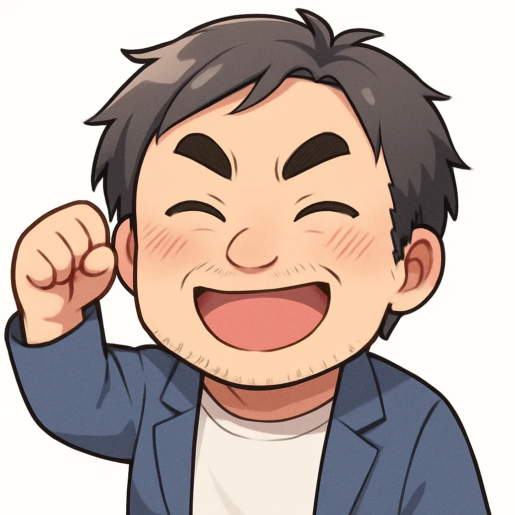 ガッツポーズおじさん（顔文字：(｀･ω･´)ゞ）｜成功や達成の瞬間を祝うガッツポーズおじさん。力強い決めポーズと爽やかな笑顔で士気を高める1枚。参考：(｀･ω･´)ゞ
