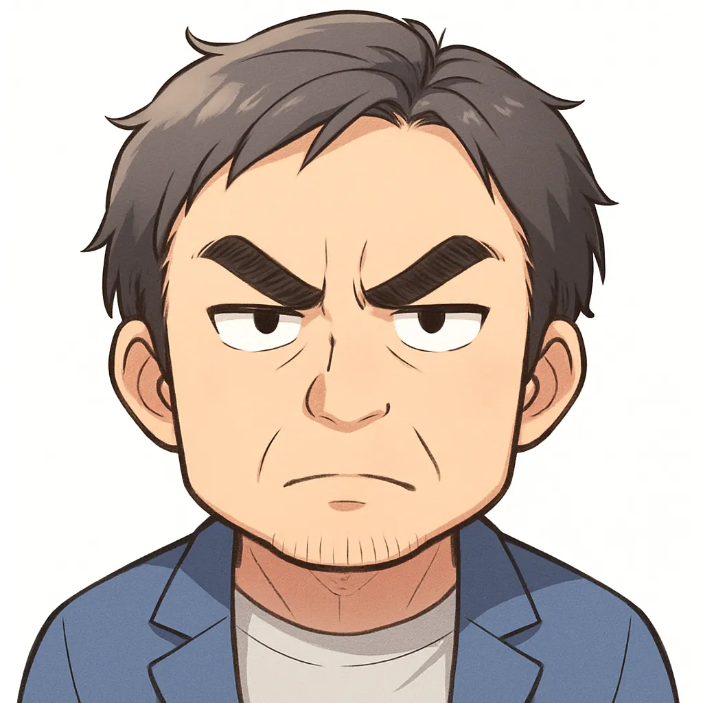 キリッおじさん（顔文字：(｀・ω・´)）｜眉を引き締めて真剣な眼差しのキリッおじさん。決意や気合が感じられる、シンプルながらも力強い構図。参考：(｀・ω・´)