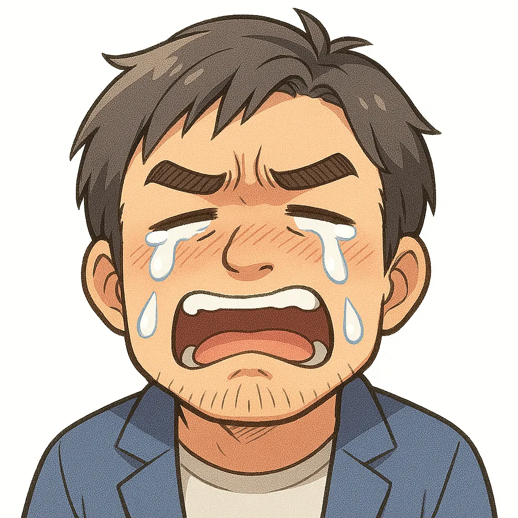 泣くおじさん（顔文字：｡ﾟ(ﾟ´Д｀ﾟ)ﾟ｡）｜大粒の涙を流して泣きじゃくる泣くおじさん。感情があふれて止まらない様子を、あたたかみのある画風で描写。参考：｡ﾟ(ﾟ´Д｀ﾟ)ﾟ｡