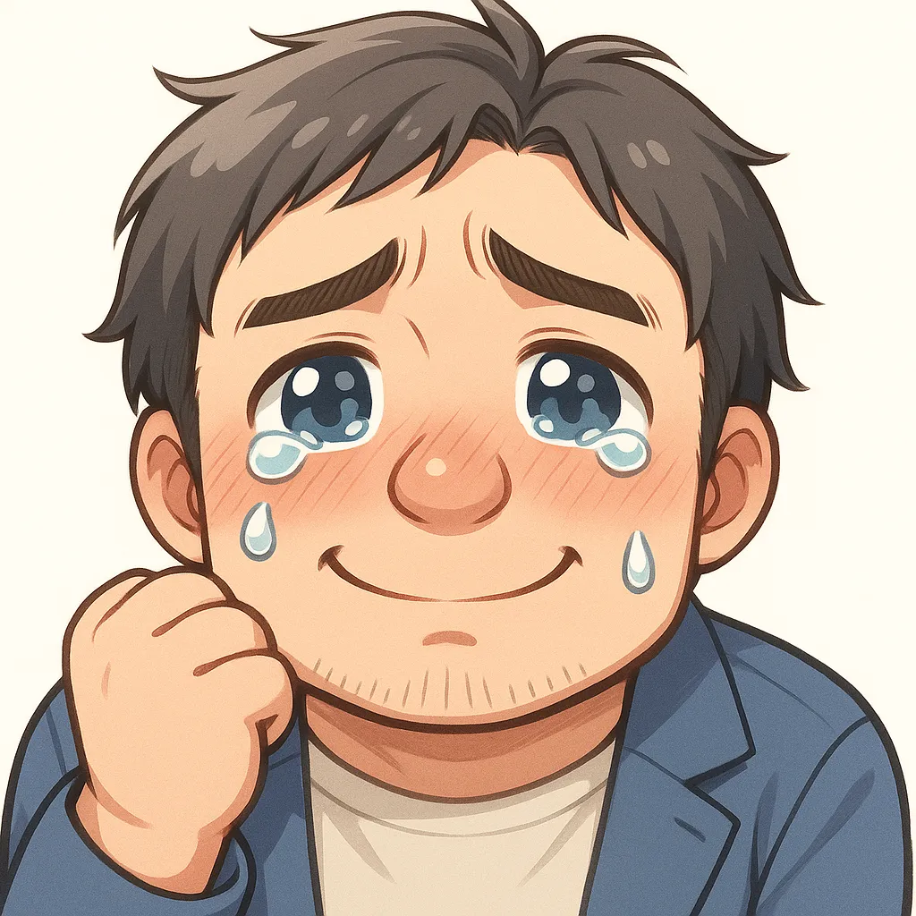 ウルウルおじさん（顔文字：(；▽；)）｜感動に目を潤ませるウルウルおじさん。拳を握りしめながら涙を浮かべる表情が、じんわり心に響く。参考：(；▽；)