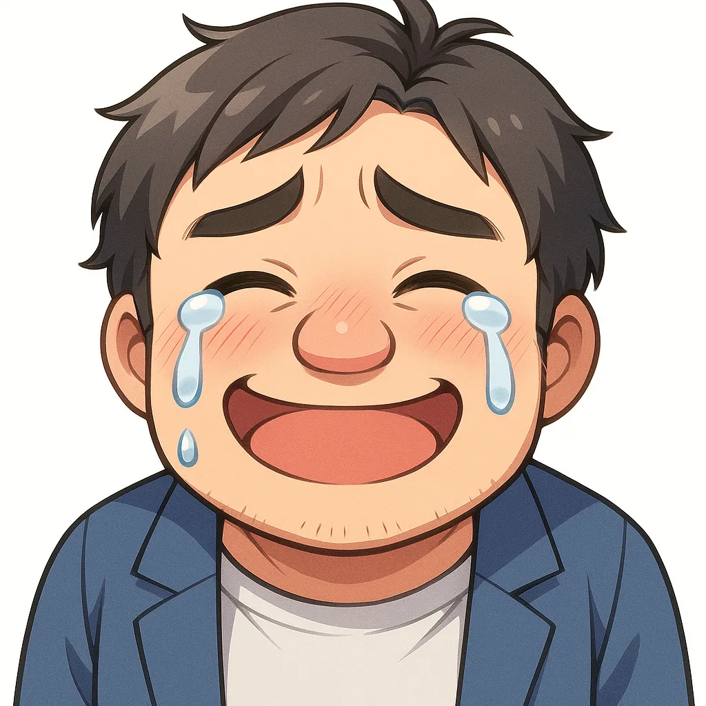 嬉し泣きおじさん（顔文字：(T∀T)）｜喜びのあまり笑いながら泣く嬉し泣きおじさん。幸せがあふれた瞬間を表す、感情豊かな一枚。参考：(T∀T)