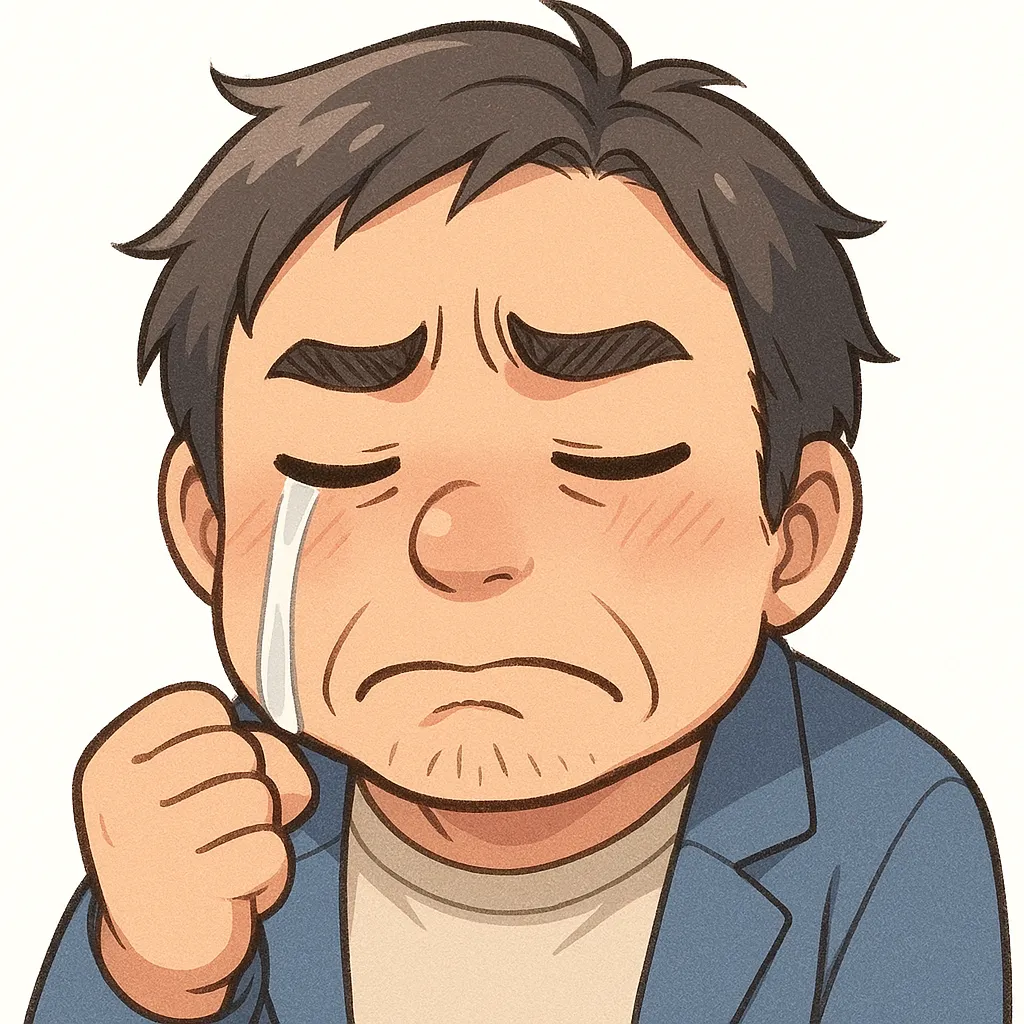 悔しいおじさん（顔文字：(；へ：)）｜唇をかみしめながら涙をこらえる悔しいおじさん。歯がゆい気持ちがストレートに伝わる構図が印象的。参考：(；へ：)