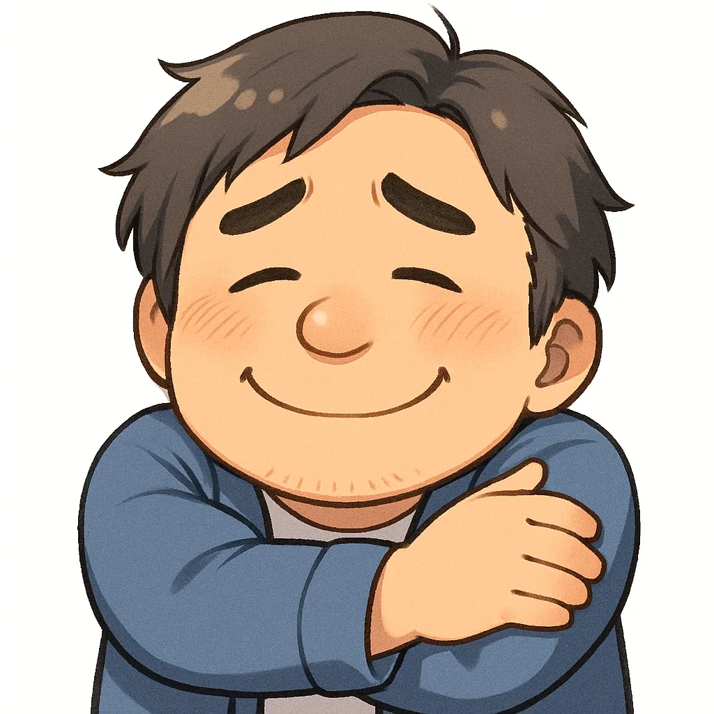 ぎゅーおじさん（顔文字：(つ´∀｀)つ）｜両腕を前に出して自分を抱きしめるようなポーズでぎゅーの温かさを表現。表情は安らかで、見る人にも安心感を届けてくれるような穏やかなイラストです。参考：(つ´∀｀)つ