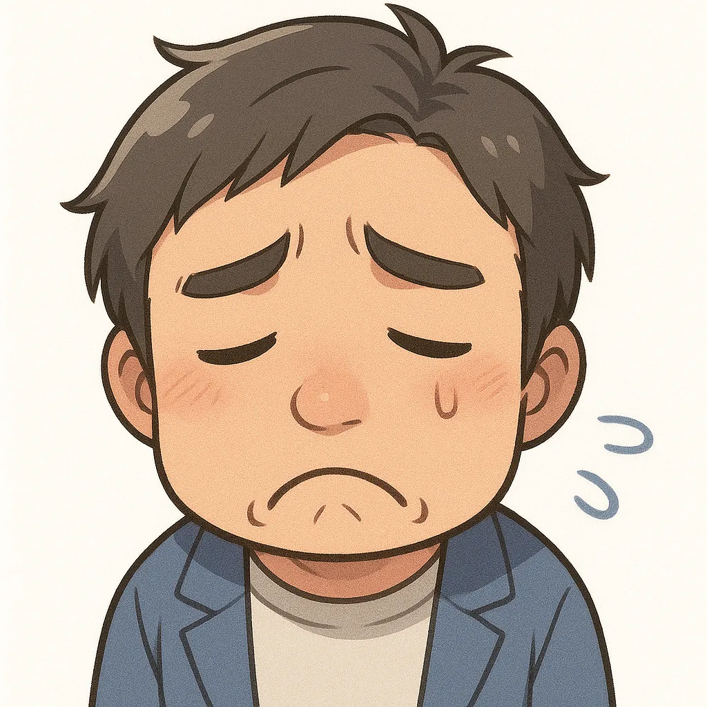 しゅんおじさん（顔文字：( ´･ω･`)）｜肩を落としてしゅんとするしゅんおじさん。小さなトラブルや失敗で落ち込んだ気持ちをやさしく描いている。参考：( ´･ω･`)