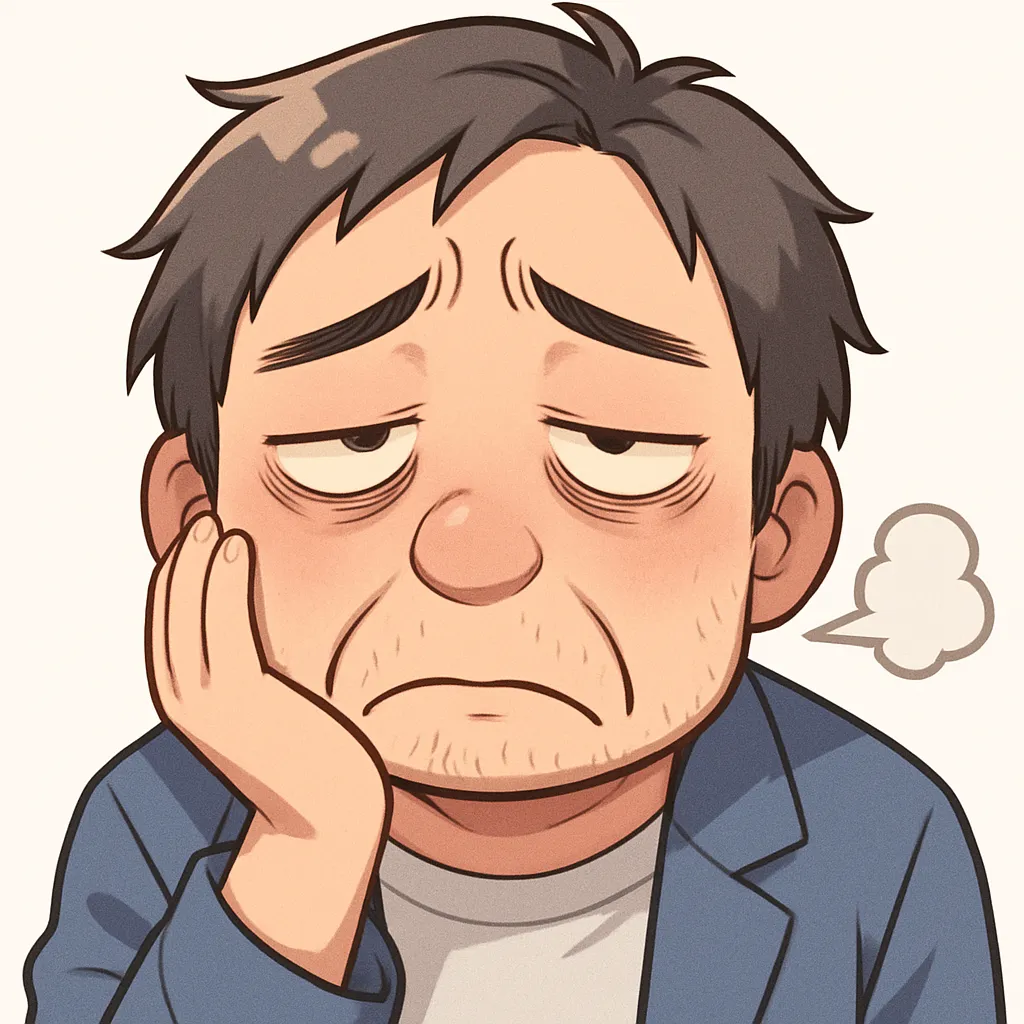 疲れたおじさん（顔文字：(×_×)）｜目にクマを浮かべながらぐったりとした疲れたおじさん。日々の頑張りが伝わる、ちょっと切ない一枚。参考：(×_×)