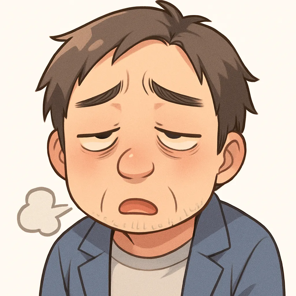 ため息おじさん（顔文字：(￣３￣)）｜頬杖をついて深いため息をつくため息おじさん。思わず「はぁ〜」と声が出そうな、リアルな疲労感を表現。参考：(￣３￣)