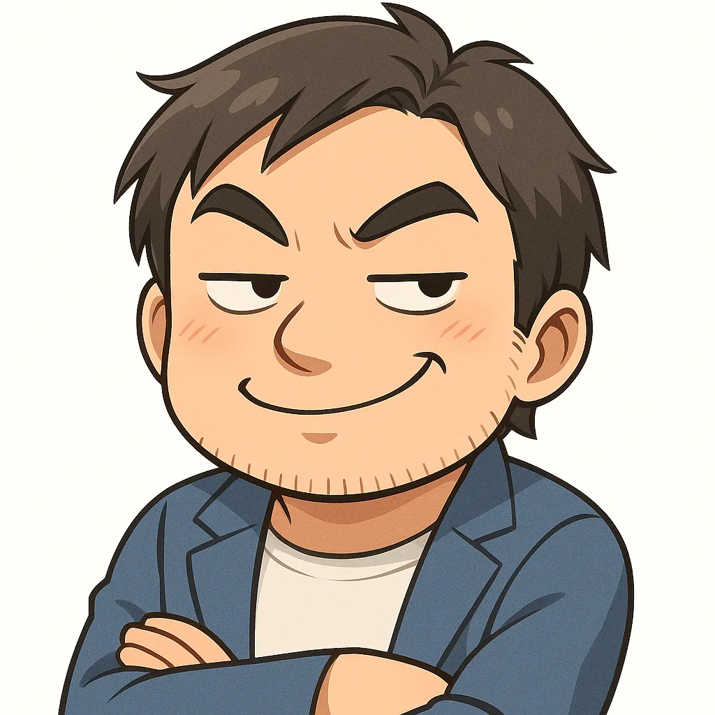 煽りおじさん（顔文字：(¬‿¬)）｜煽りおじさんがニヤリと笑って腕を組む姿は、どこか憎めない挑発的な魅力を放ちます。柔らかな線と色づかいで、表情にユーモアを添えました。参考：(¬‿¬)