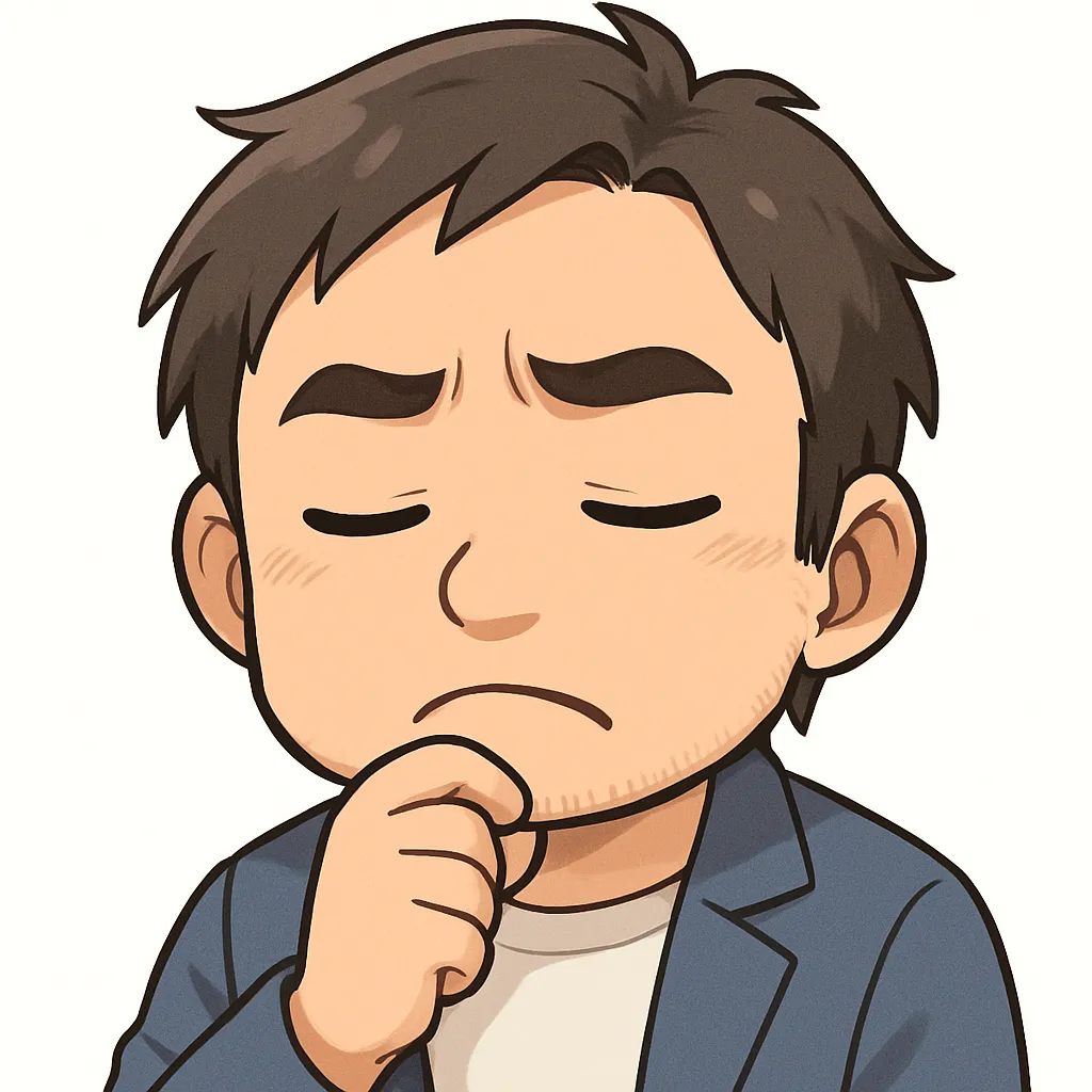 悩むおじさん（顔文字：( ˘–˘ ).｡oஇ）｜顎に手を当てて真剣に考える悩むおじさん。やわらかく繊細な表情が、日常のちょっとした悩みをポジティブに受け止める味わいを添えます。参考：( ˘–˘ ).｡oஇ
