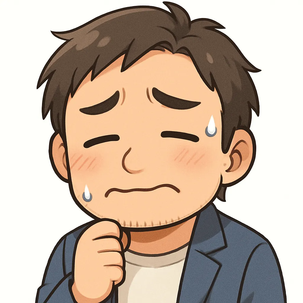 困るおじさん（顔文字：(；´Д｀)）｜ちょっと困ったような顔の困るおじさん。汗をかきつつも優しさのにじむ表情が、日常の小さな戸惑いをやわらかく描き出します。参考：(；´Д｀)