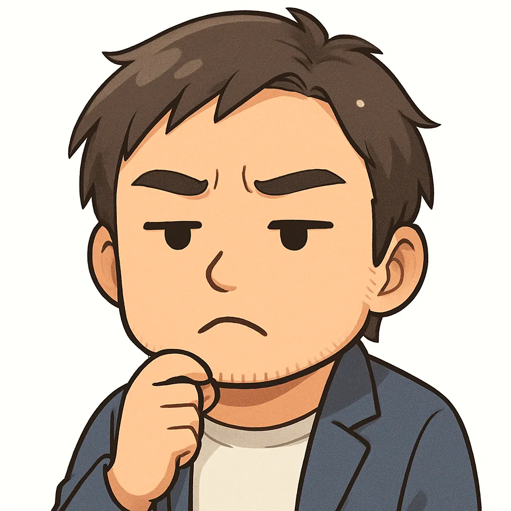うーんおじさん（顔文字：(￣～￣；)）｜うーんおじさんは、真剣に考え込む様子が特徴。少し険しいまゆと手元のポーズが、モチーフ名らしい熟考の雰囲気を伝えます。参考：(￣～￣；)