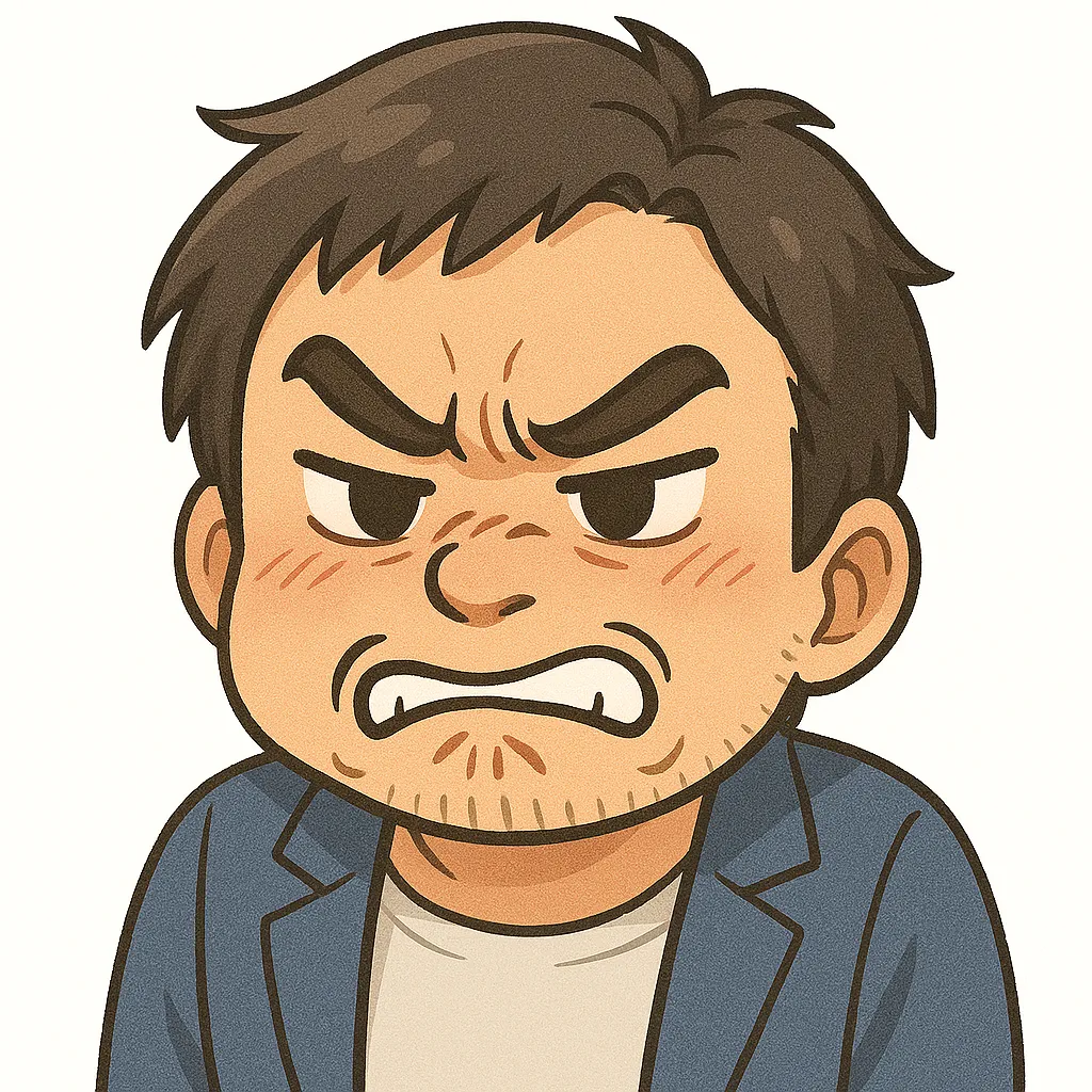 ぐぬぬおじさん（顔文字：(# ﾟДﾟ)）｜怒りと悔しさがにじむぐぬぬおじさん。眉間にしわを寄せた真剣な表情が、モチーフ名の葛藤をポップに伝えてくれます。参考：(# ﾟДﾟ)