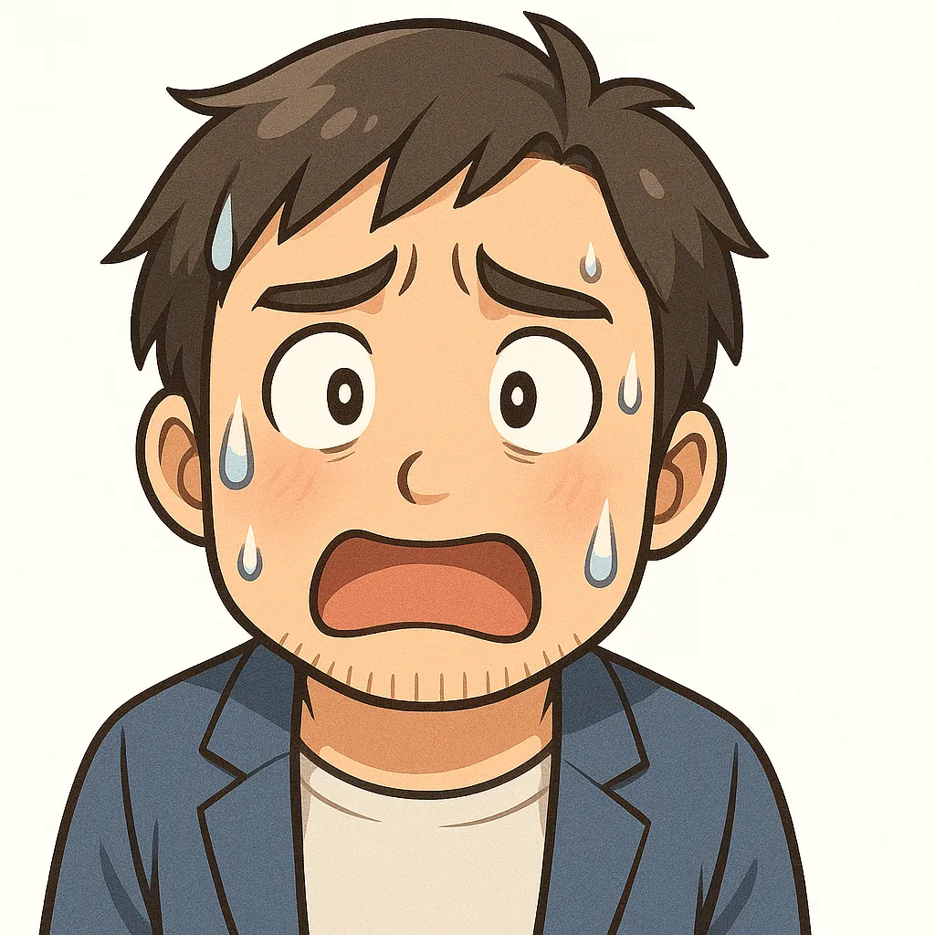 焦るおじさん（顔文字：(；ﾟДﾟ)）｜焦るおじさんは、汗だくになって目を見開いた表情がポイント。驚きと混乱が同居したモチーフ名の感情を丁寧に描いています。参考：(；ﾟДﾟ)