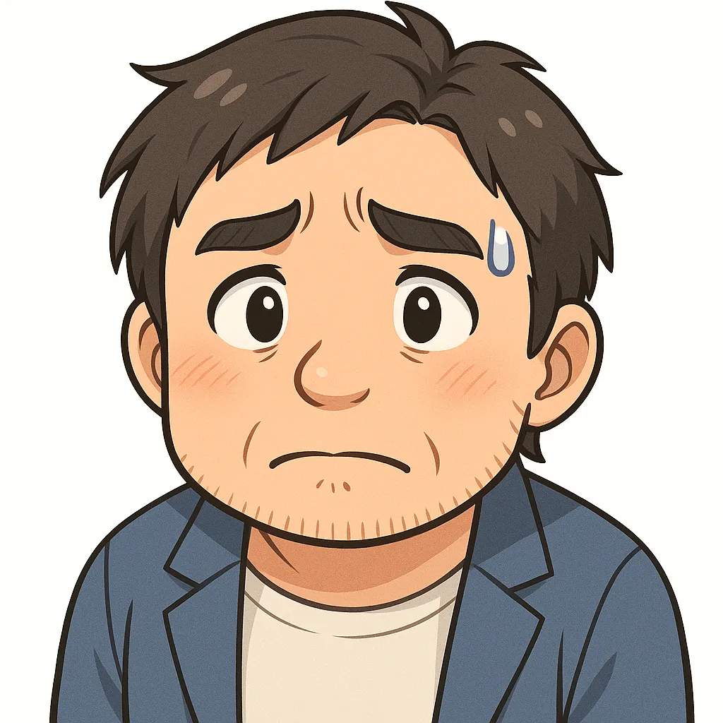 心配おじさん（顔文字：(；´・ω・)）｜眉をひそめて少しうつむく心配おじさん。控えめな表情と流れる汗が、モチーフ名らしい「どうしよう…」という気持ちを丁寧に表しています。参考：(；´・ω・)