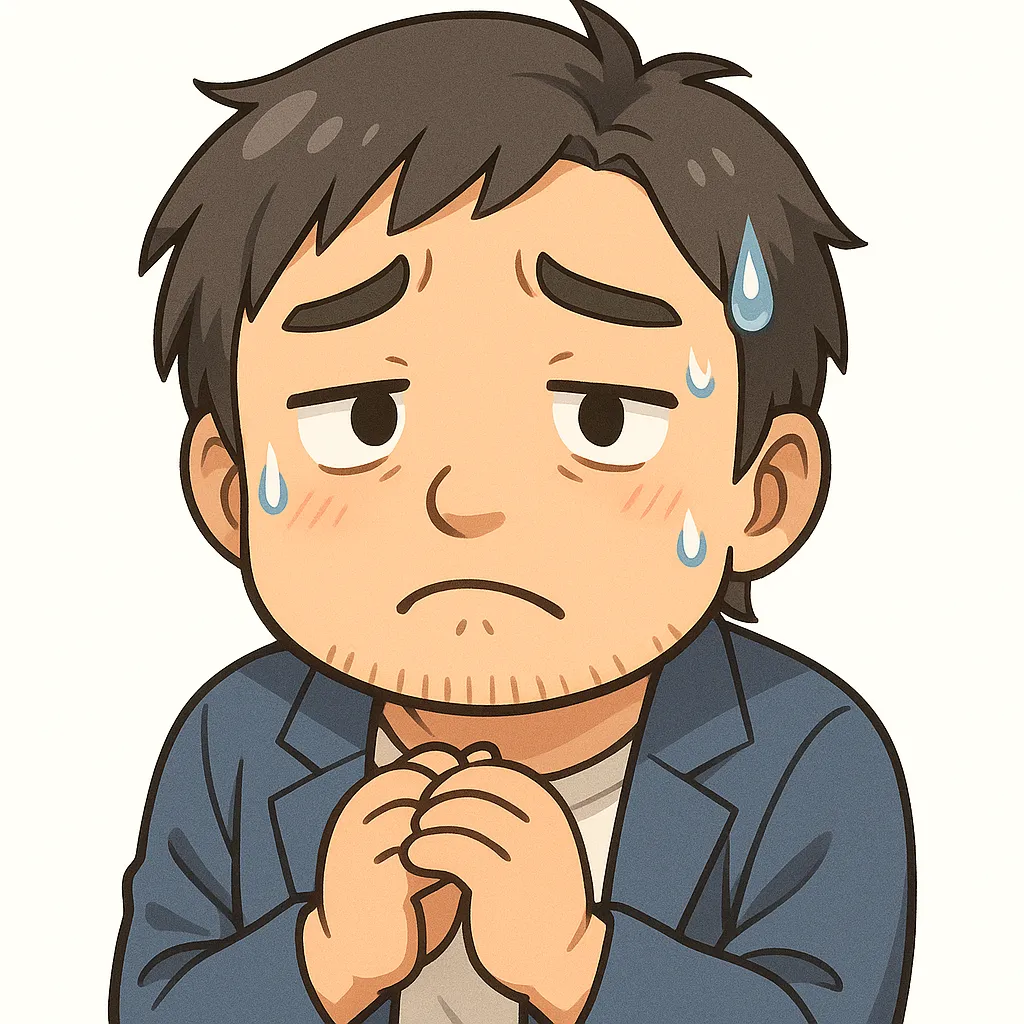 そわそわおじさん（顔文字：(；・∀・)）｜手をもじもじと組んで落ち着かないそわそわおじさん。焦りと不安がミックスされたポーズが、モチーフ名の雰囲気をやさしく伝えます。参考：(；・∀・)