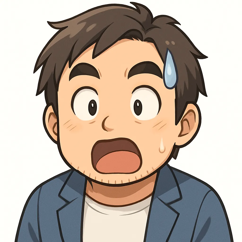 びっくりおじさん（顔文字：( ﾟдﾟ)）｜目を見開き口を大きく開けたびっくりおじさん。驚きの瞬間をシンプルな線で表現し、モチーフ名のインパクトを強調しています。参考：( ﾟдﾟ)