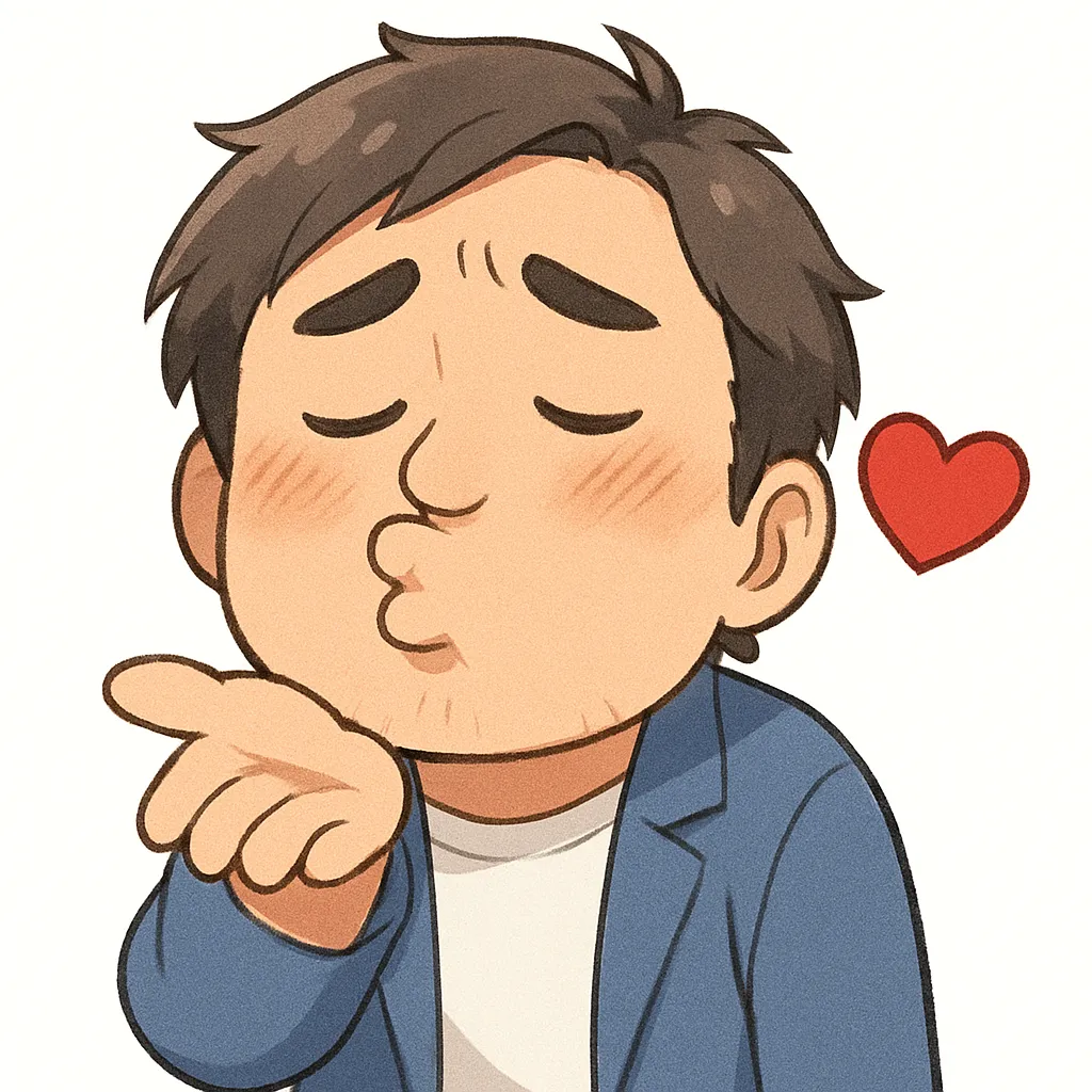 キスおじさん（顔文字：(*´3｀)）｜口をすぼめて投げキッスをする「キス」の動きが印象的。可愛さとちょっぴりおちゃめな雰囲気が絶妙に混ざり合い、遊び心満載のイラストです。参考：(*´3｀)