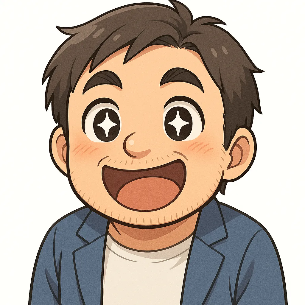 すごいおじさん（顔文字：(☆∀☆)）｜キラキラと目を輝かせるすごいおじさん。感動や賞賛を素直に表す表情が、モチーフ名のポジティブさをポップに表現しています。参考：(☆∀☆)