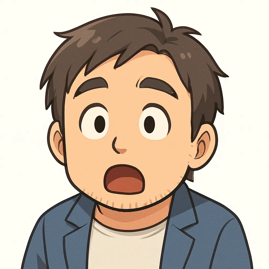 ポカーンおじさん（顔文字：(ﾟдﾟ)）｜目を丸くして口を開けるポカーンおじさん。頭が真っ白になったようなリアクションが、モチーフ名の「呆然」とした空気感をやわらかに演出。参考：(ﾟдﾟ)