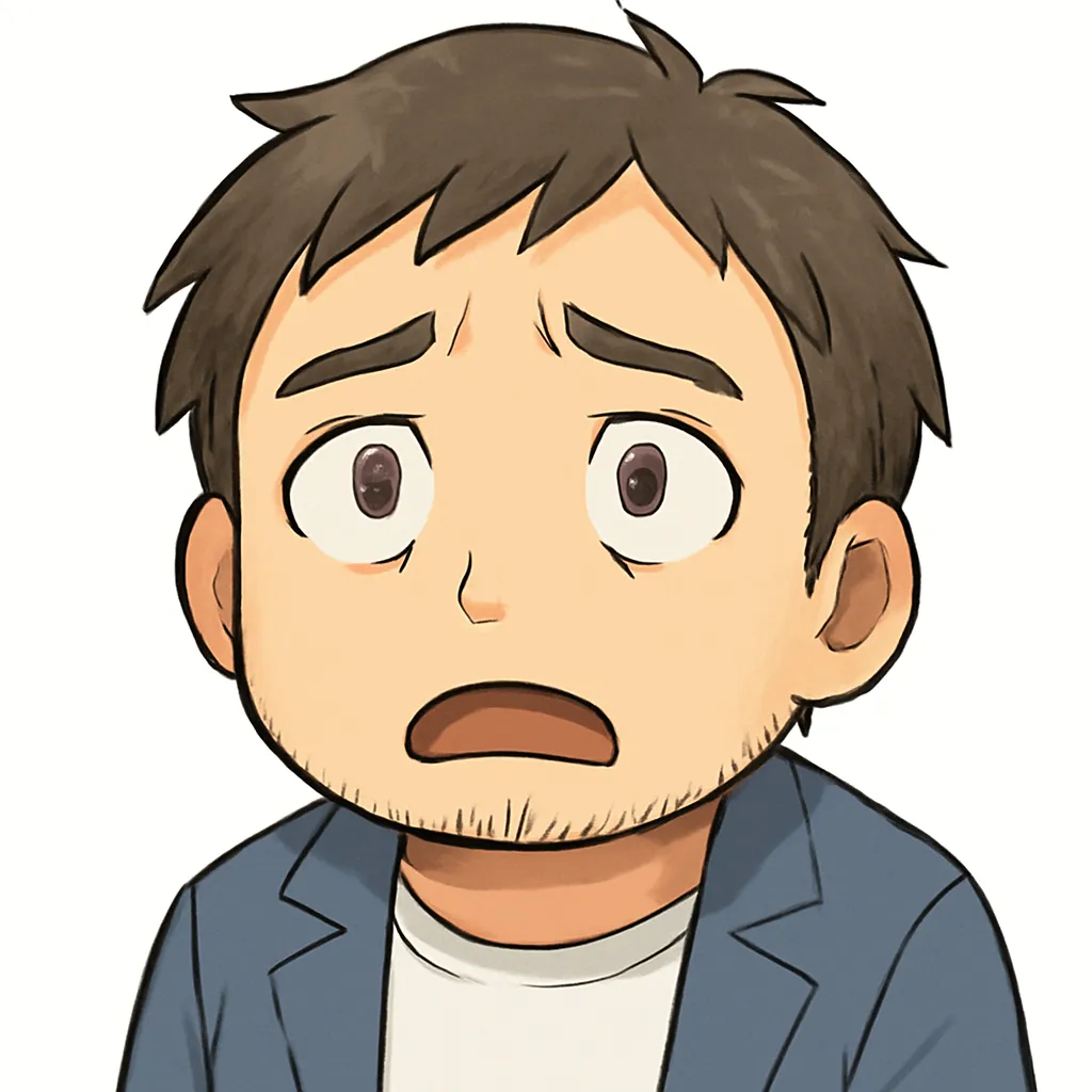 オワタおじさん（顔文字：＼(^o^)／）｜表情に虚無をたたえたオワタおじさん。力の抜けた肩と薄く漂う絶望感が、モチーフ名の脱力ギャグ的ニュアンスを描き出しています。参考：＼(^o^)／