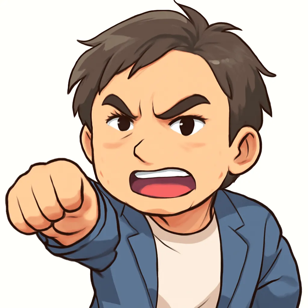 パンチおじさん（顔文字：(｀･ω･´)ﾉ)｜勢いよく拳を突き出すパンチおじさん。熱く燃える表情と力強い構図が、モチーフ名の「やるぞ！」感をぐっと引き立てます。参考：(｀･ω･´)ﾉ)