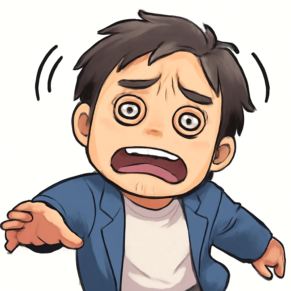 倒れるおじさん（顔文字：(×_×;)）｜目をぐるぐるさせて今にも倒れそうな倒れるおじさん。ぐらつく姿と焦り顔が、モチーフ名らしい限界感とユーモアを表現しています。参考：(×_×;)