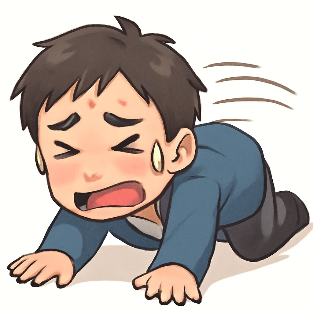ズコーおじさん（顔文字：(；´Д｀)＝3）｜顔面から崩れ落ちたようなズコーおじさん。全身でズッコケる姿が、モチーフ名特有の脱力感とコント的リアクションを楽しく描いています。参考：(；´Д｀)＝3