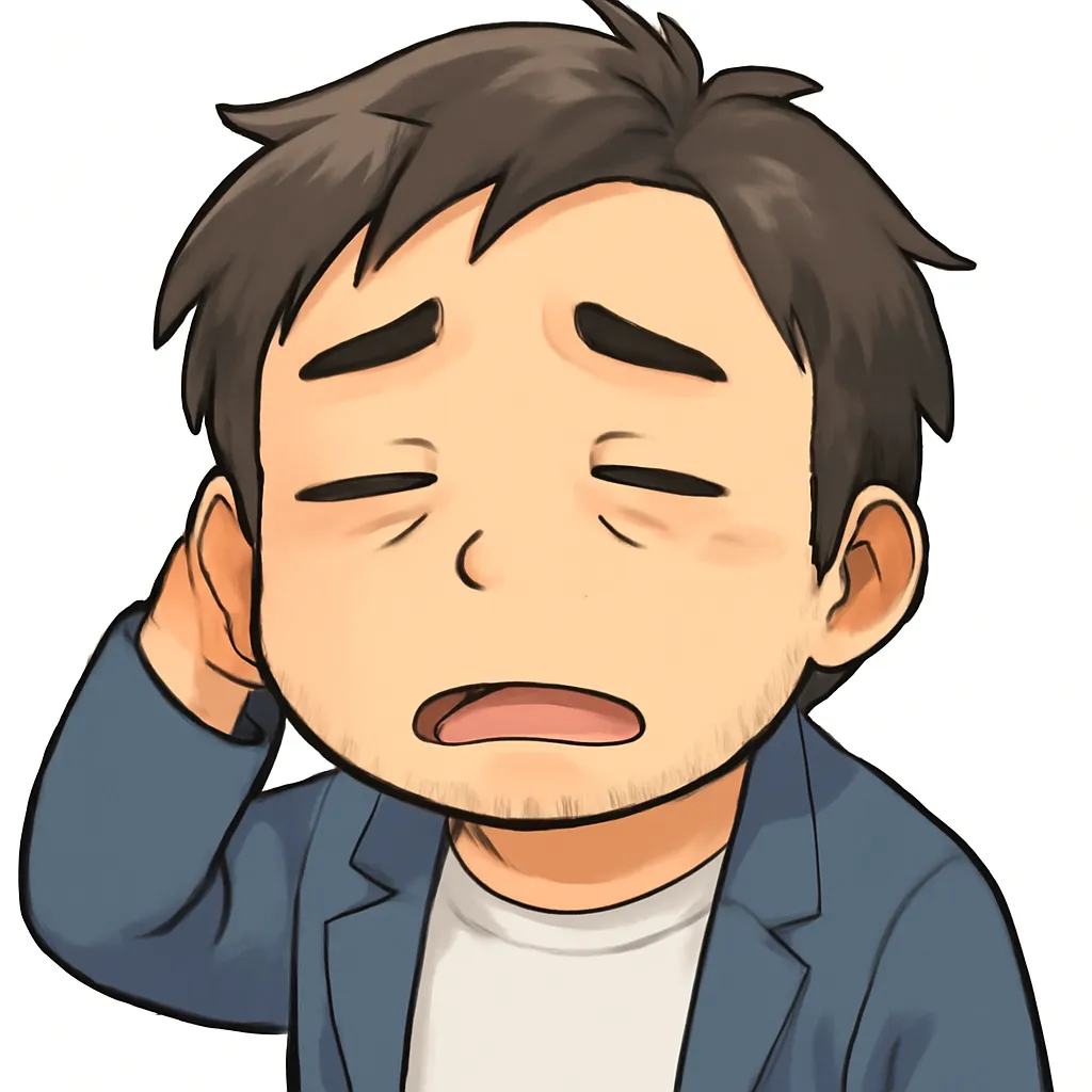 ぐったりおじさん（顔文字：(￣▽￣;)）｜力なく頭をかくぐったりおじさん。疲労と諦めが混じった表情が、モチーフ名のだるさとやるせなさをやわらかく伝えます。参考：(￣▽￣;)