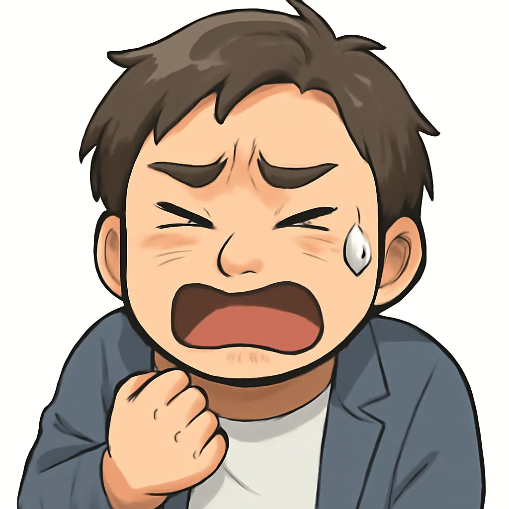ぐはっおじさん（顔文字：(；ﾟДﾟ)っ）｜口を大きく開け、片手を胸に添えるぐはっおじさん。驚きとショックが混ざった演出で、モチーフ名のインパクトを勢いよく表現。参考：(；ﾟДﾟ)っ