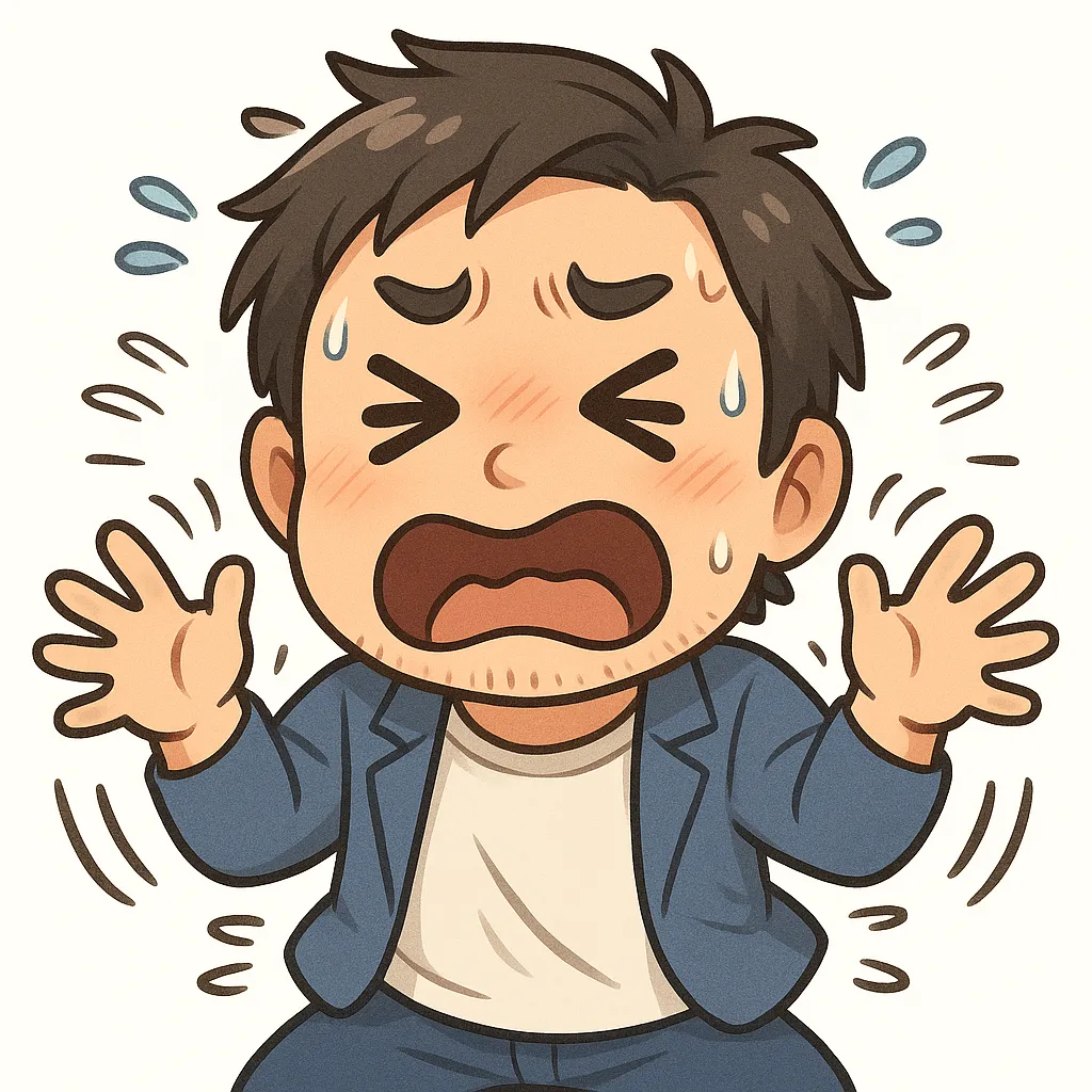 じたばたおじさん（顔文字：(；≧∇≦)＝３）｜両手をバタバタ振り回すじたばたおじさん。汗と赤面をにじませながら全身で暴れる様子が、モチーフ名の慌てっぷりをかわいく伝えます。参考：(；≧∇≦)＝３
