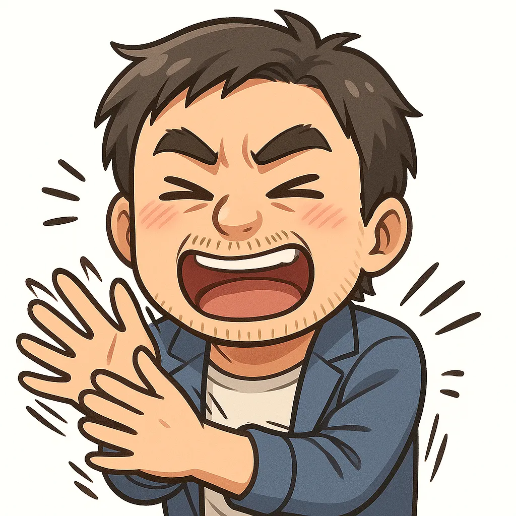 バンバンおじさん（顔文字：(≧∇≦)ノ彡☆）｜手を叩いて大笑いするバンバンおじさん。満面の笑顔と激しいリアクションが、モチーフ名の爆笑っぷりをポップに表しています。参考：(≧∇≦)ノ彡☆