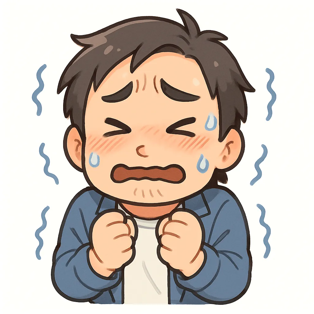 震えるおじさん（顔文字：(；´∀｀)…）｜体を縮こませて震えるおじさん。汗と赤面が混じったリアクションが、モチーフ名の居たたまれなさをコミカルに伝えています。参考：(；´∀｀)…