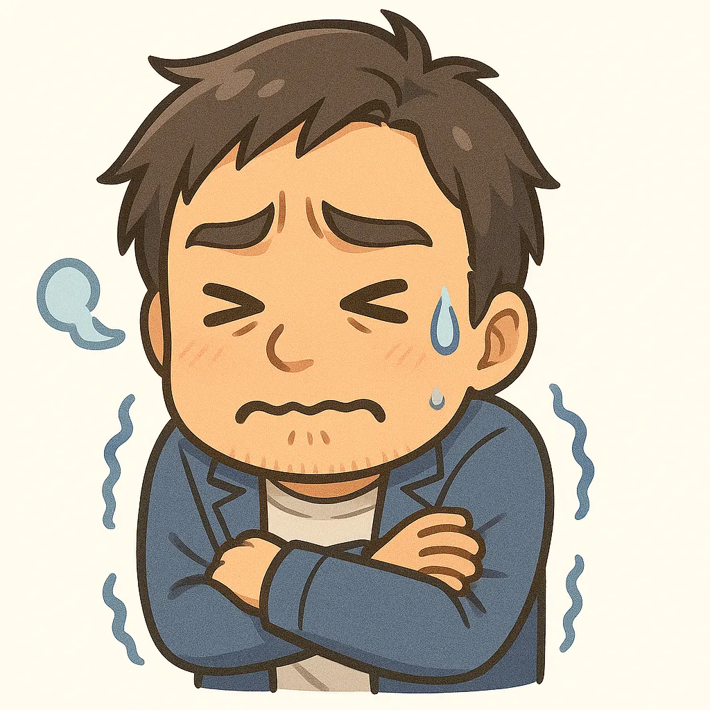 寒いおじさん（顔文字：(((；ﾟДﾟ)))）｜腕を抱えて歯を食いしばる寒いおじさん。震えを示す波線や顔色の変化が、モチーフ名の冷え込みをユーモラスに表現。参考：(((；ﾟДﾟ)))