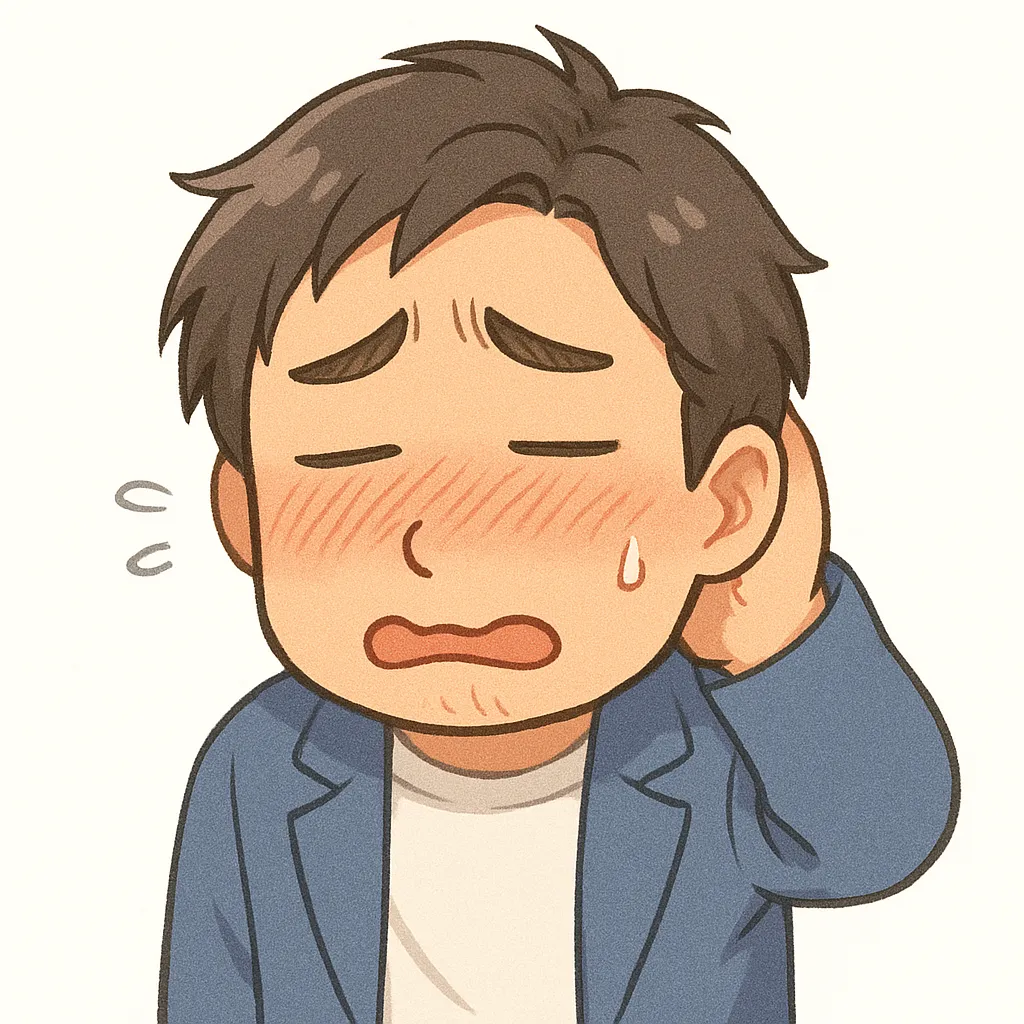 恥ずかしいおじさん（顔文字：(///∇///)）｜片手を後頭部にやりながら視線を逸らすしぐさが「恥ずかしい」気持ちをリアルに伝えるデザイン。柔らかな線と色彩が、感情をより繊細に描き出しています。参考：(///∇///)