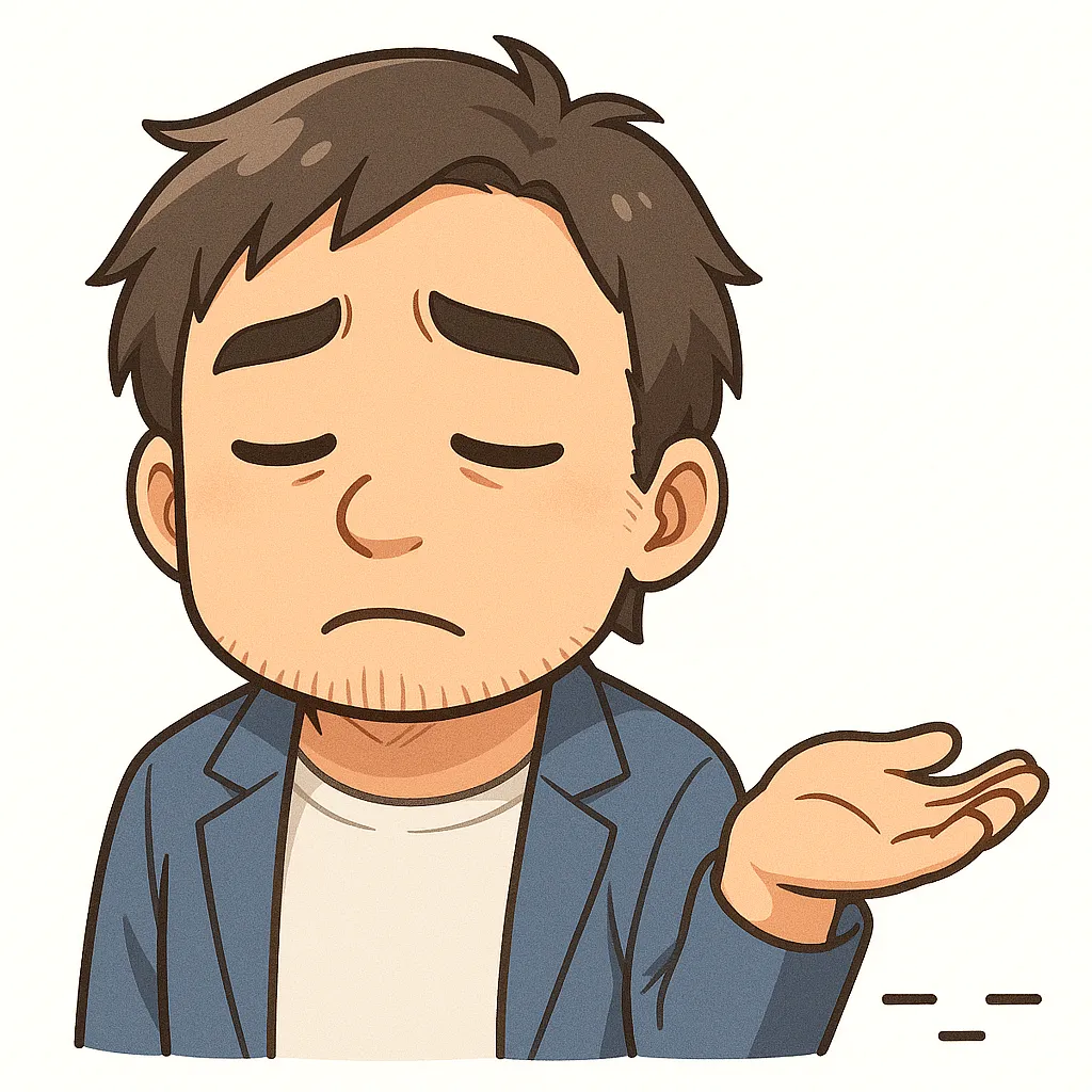 やれやれおじさん（￣ー￣）｜やれやれと肩をすくめるおじさん。ため息交じりの表情に大人の余裕とあきらめがにじむ、味わい深いモチーフです。参考：（￣ー￣）