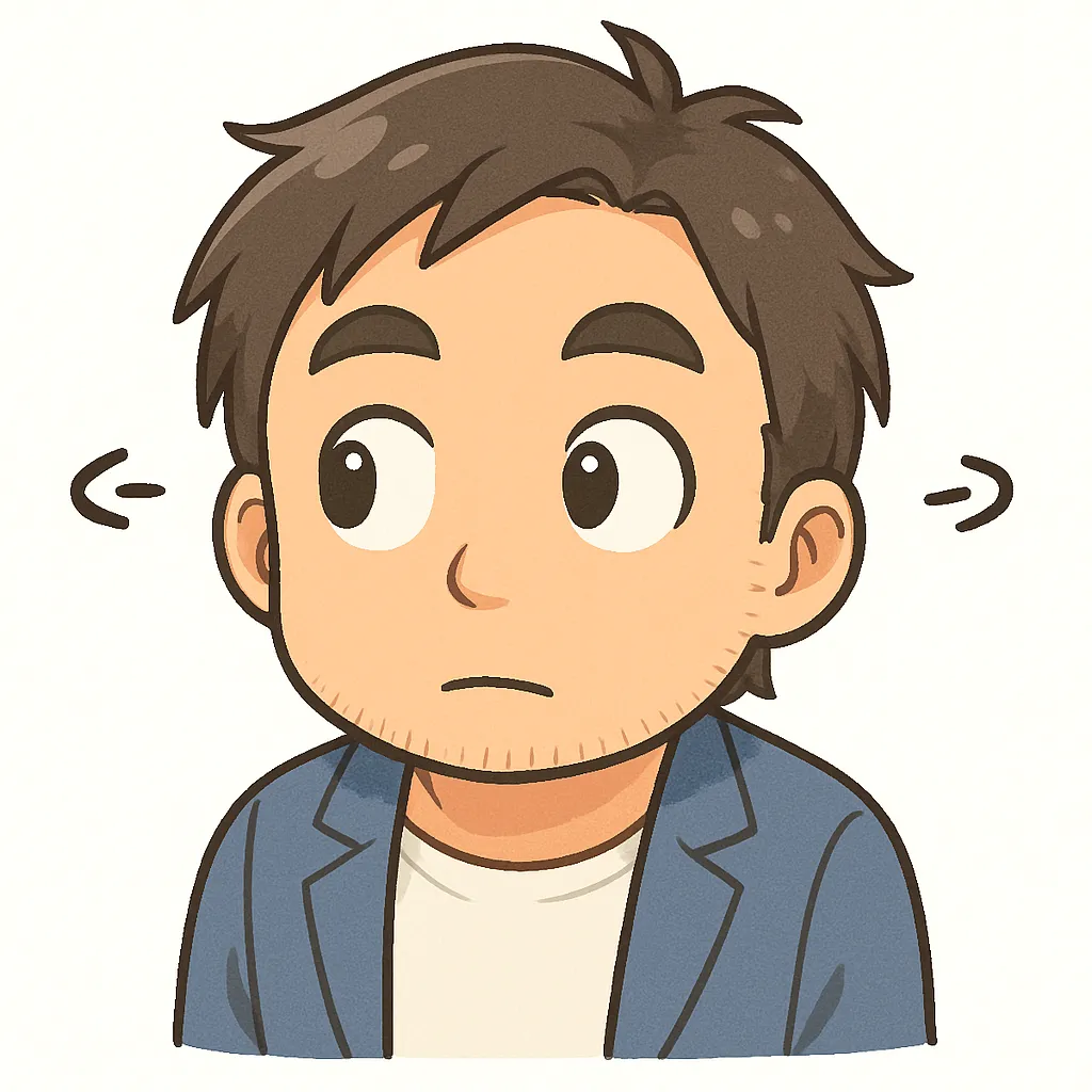 キョロキョロおじさん（・∀・）｜キョロキョロと視線をさまようおじさん。左右を見渡す動きがアニメのようで、好奇心あふれる表情が特徴です。参考：（・∀・）