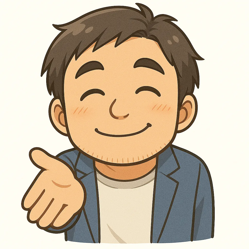 どうぞおじさん（＾ー＾）｜どうぞと手を差し出すおじさん。優しい笑顔と自然なジェスチャーが穏やかな気配りを感じさせます。参考：（＾ー＾）