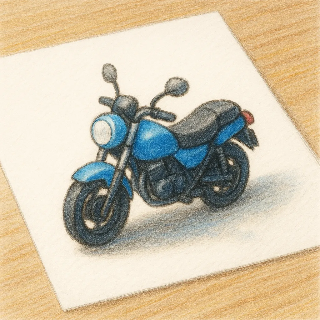かわいい立体リアルなオートバイ｜白い紙の上に描かれたオートバイがかっこよく止まっているよ。青いボディに黒いタイヤが色鉛筆でくっきり描かれていて、ハンドルやシートの細部も丁寧に表現されているね。紙と机に落ちる影が自然で、本当に紙の上にミニチュアが乗っているような立体感だよ。