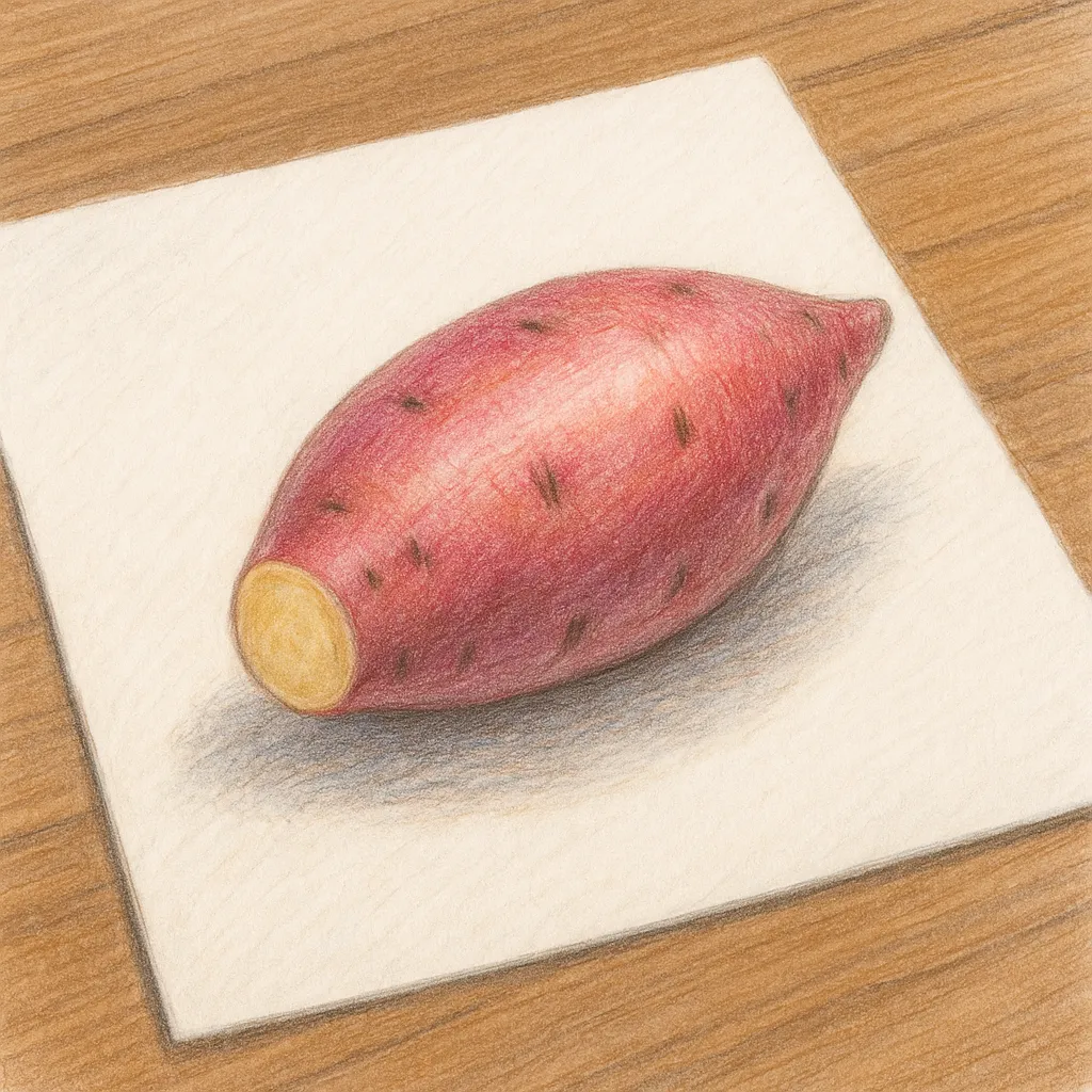 かわいい立体リアルなサツマイモ｜白い紙の上に描かれたサツマイモがごろんと置かれているよ。赤紫色の皮と先の黄みがかった断面が色鉛筆でやさしく描かれ、しっかりとした質感が伝わってくるね。紙と机に落ちる影が自然で、ほんもののサツマイモがそこにあるような立体感があるよ。